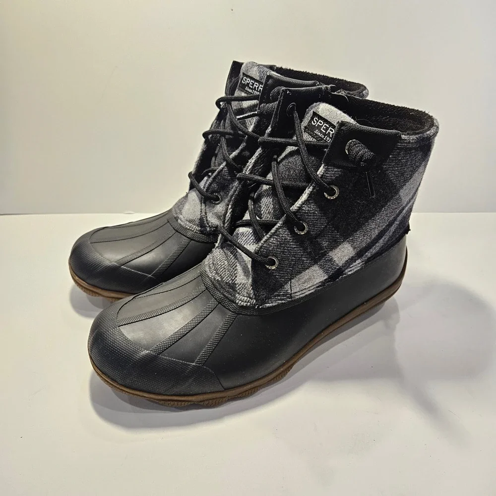 Sperry Syren Saltwater Duck Boots Womens 8 Black Grey‎ Buffalo Plaid Waterproof